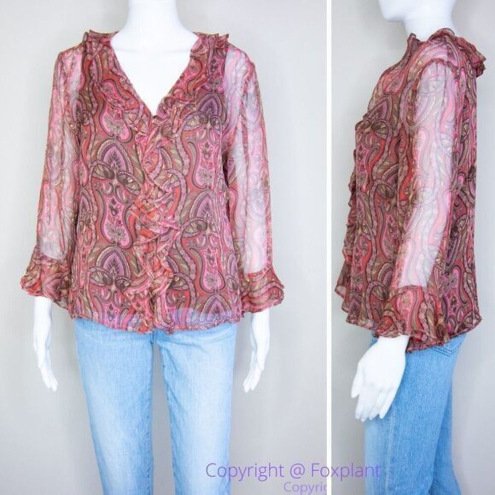 Edward 100% silk ruffle button down blouse shirt, size m‎
